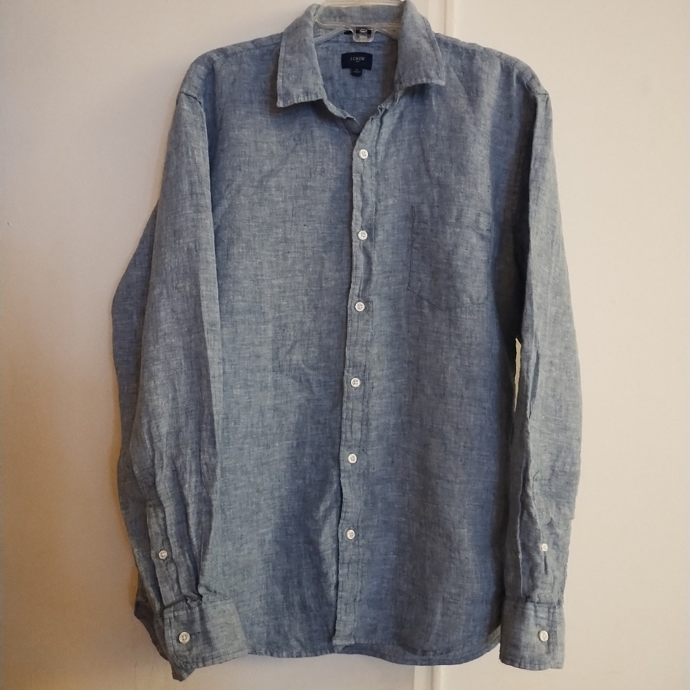 J. Crew Men's Light Blue Long Sleeve Linen Button Down Shirt Slim Size XL